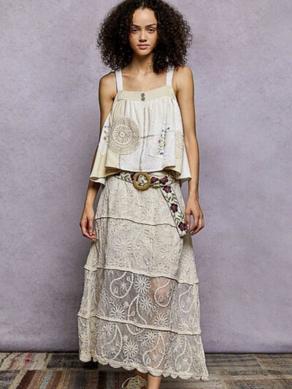 Floral Embroidered Tiered Crochet Skirt Boho Cottagecore Style - Picture 5 of 5